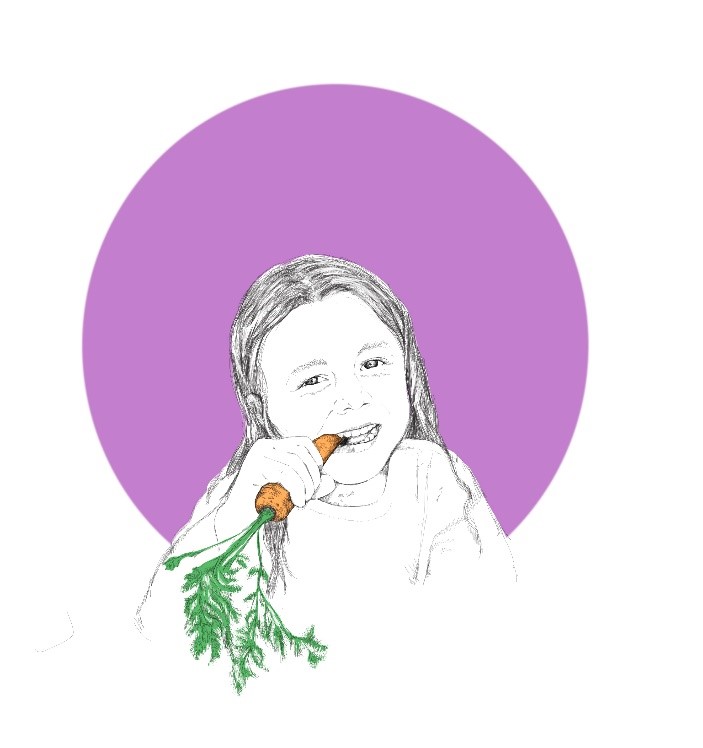 Das Bild zeigt eine Illustration mit einem Kind, welches an einer Karotte knabbert