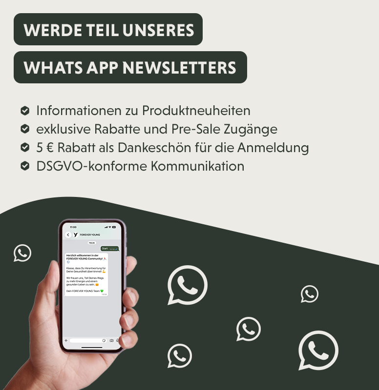 Hand hält ein Smartphone mit WhatsApp-Chat neben einer Auflistung der Vorteile des Newsletters