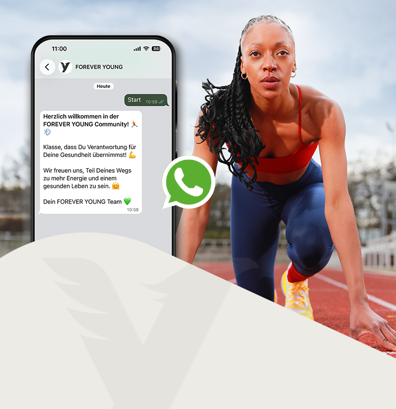 Sportlerin in Startposition auf einer Laufbahn neben einem Smartphone mit WhatsApp-Chat