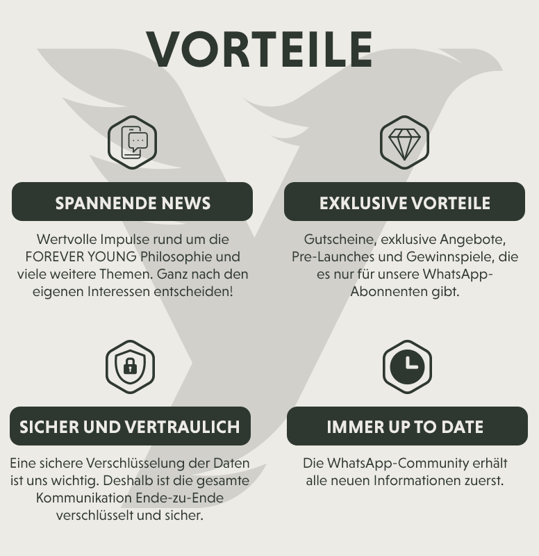 Illustrierte Auflistung der Vorteile des FOREVER YOUNG WhatsApp-Newsletters