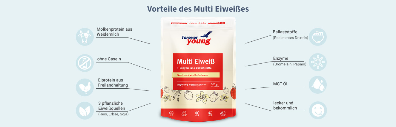 Infografik: Multi Eiweiß Vanille-Erdbeere Eigenschaften