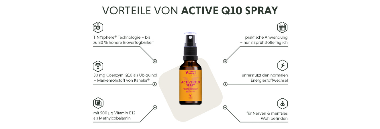 Infografik: Produktmerkmale des Q10 Spray mit hochdosiertem Vitamin B12