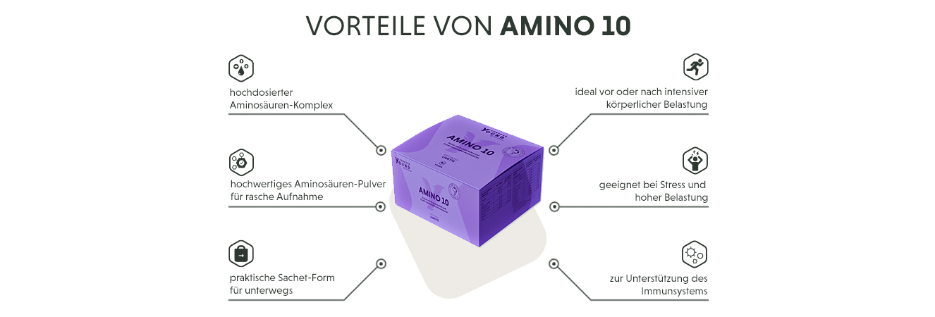 Infografik: Produktmerkmale des Amino 10 Pulvers