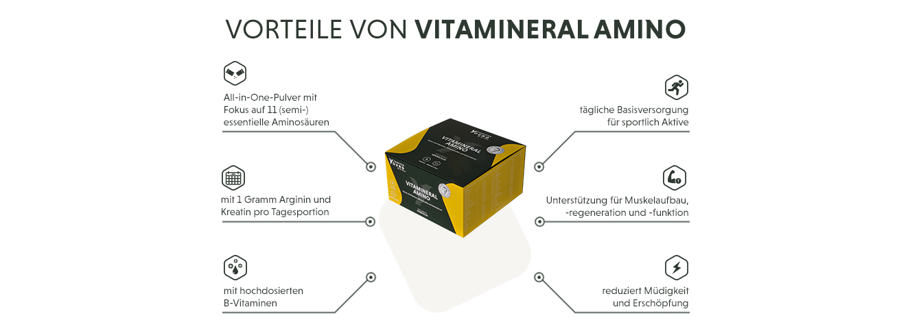 Infografik: Merkmale des Vitamineral Amino als hochdosierten Aminosäuren Komplex
