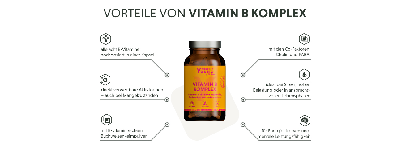 Infografik: Produktmerkmale des hochdosierten Vitamin B Komplex