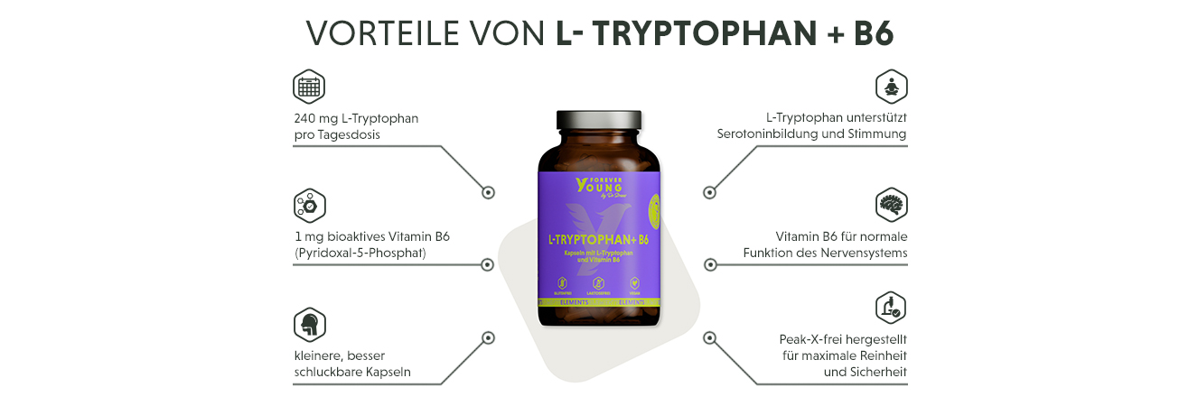 Infografik: Produktmerkmale Tryptophan Kapseln mit Vitamin B6